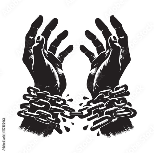 A pair of hands chained to a chain and a text words freedom. silhouette vector illustration.