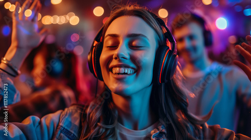 Young woman enjoying a silent disco with colorful lights and headphones.