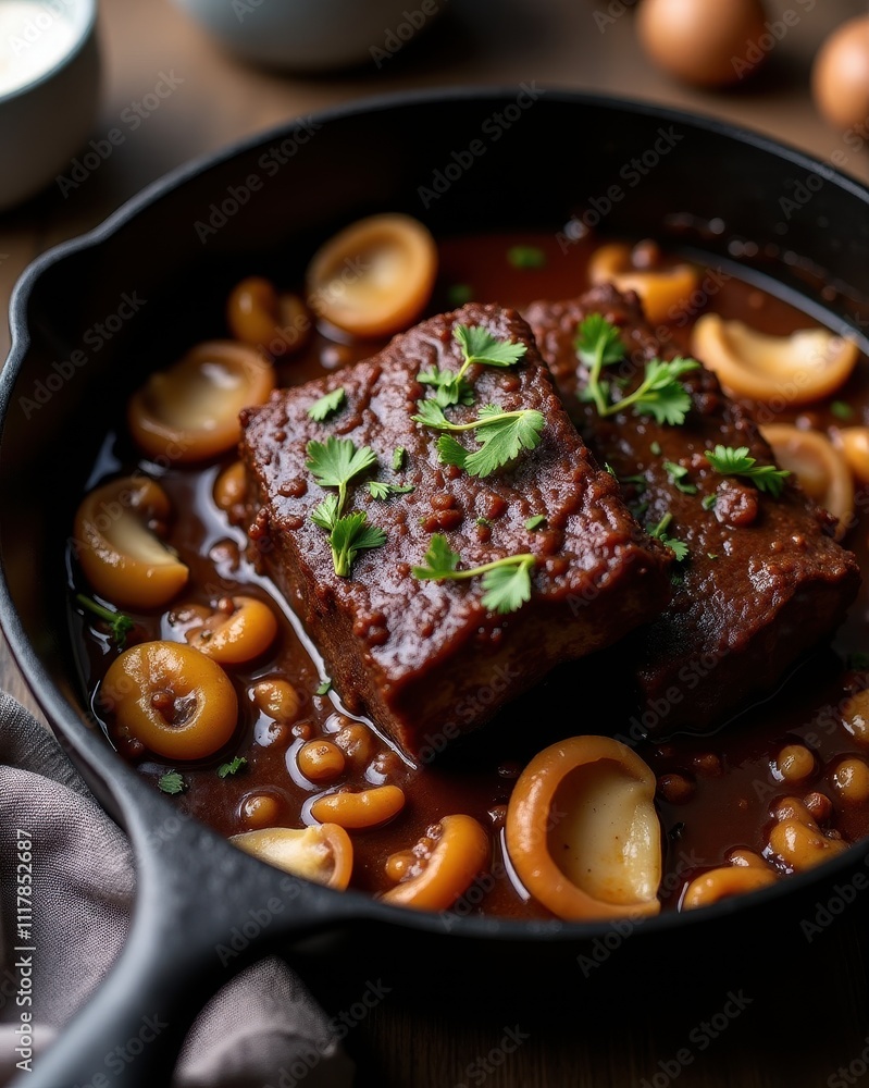 A flavorful meatloaf topped with fresh herbs and surrounded by apricot halves and sauce in a black cast-iron skillet A flavorful meatloaf topped with fresh herbs and surrounded by apricot halves and sauce in a black cast-iron skillet