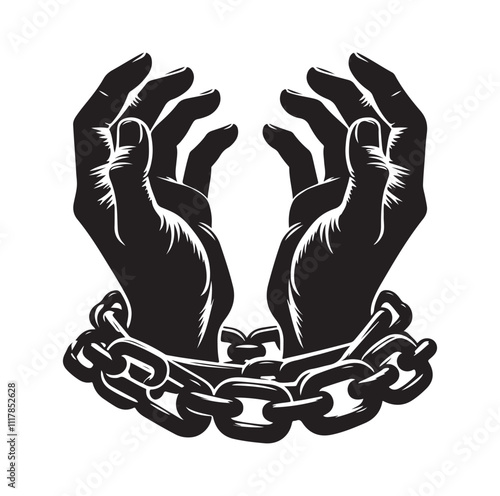 A pair of hands chained to a chain and a text words freedom. silhouette vector illustration.