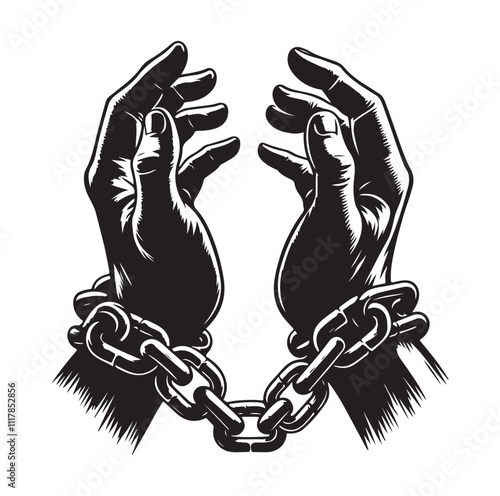 A pair of hands chained to a chain and a text words freedom. silhouette vector illustration.