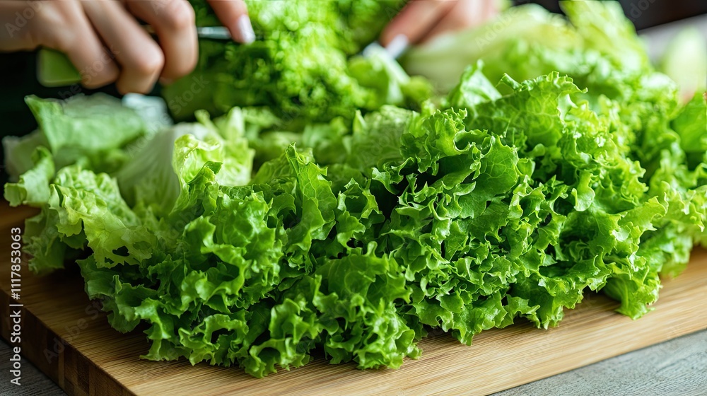 Woman cutting lettuce on a cutting board on a wooden table in the kitchen. Woman cutting lettuce on a cutting board on a wooden table in the kitchen.