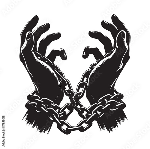 A pair of hands chained to a chain and a text words freedom. silhouette vector illustration.