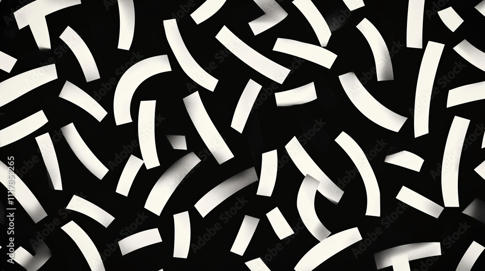 Abstract black and white pattern with curved white shapes scattered across a dark background creating a dynamic visual effect Abstract black and white pattern with curved white shapes scattered across a dark background creating a dynamic visual effect