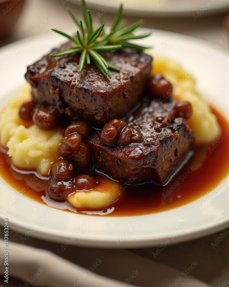 Tender braised beef with rich sauce and rosemary garnished on creamy mashed potatoes creates an inviting gourmet dish Tender braised beef with rich sauce and rosemary garnished on creamy mashed potatoes creates an inviting gourmet dish
