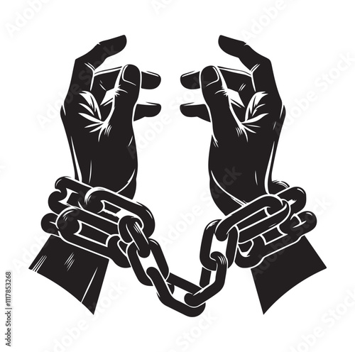 A pair of hands chained to a chain and a text words freedom. silhouette vector illustration.