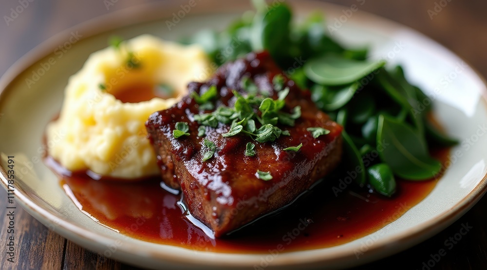 Savor a gourmet dish featuring tender meat with rich sauce, creamy mashed potatoes, and fresh green spinach, beautifully presented on a plate Savor a gourmet dish featuring tender meat with rich sauce, creamy mashed potatoes, and fresh green spinach, beautifully presented on a plate
