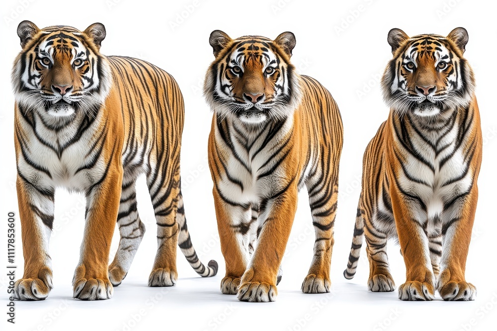Obraz premium Majestic Trio Three Bengal Tigers Walking, Isolated on White Background - Stunning Wildlife Photography