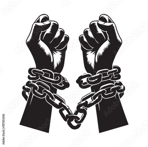 A pair of hands chained to a chain and a text words freedom. silhouette vector illustration.