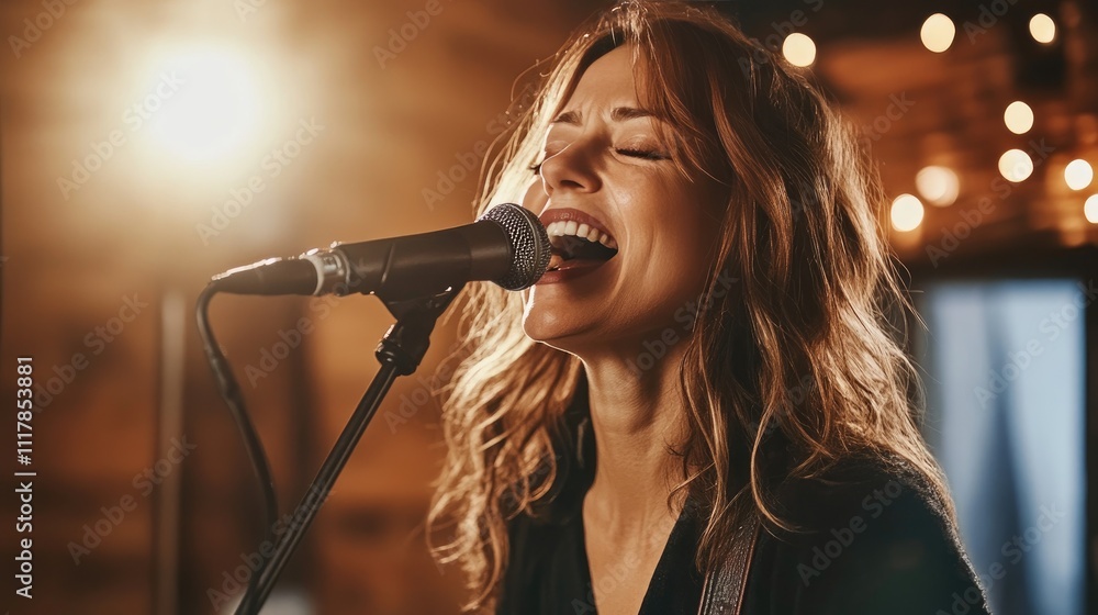 Middle-aged female musician singing in a studio Middle-aged female musician singing in a studio