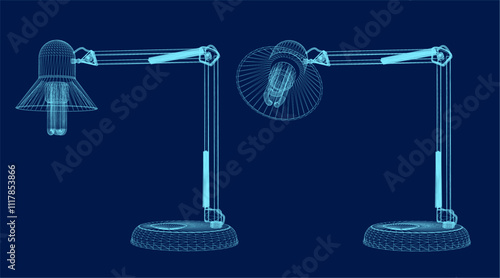 Desk Lamp with Light Bulb in wireframe Style. Vector illustration. Isolated on blue background. 3D