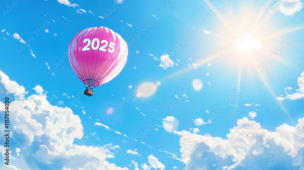 Obraz premium Pink Hot Air Balloon 2025, Soaring into the Future, Sunny Skies 