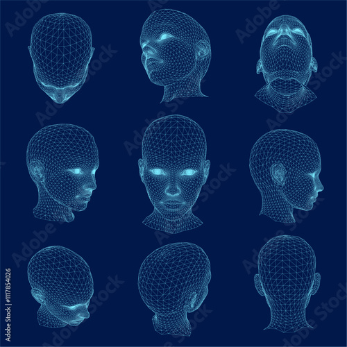 Set of 3D Female Polygon Wireframe Head. Vector illustration.