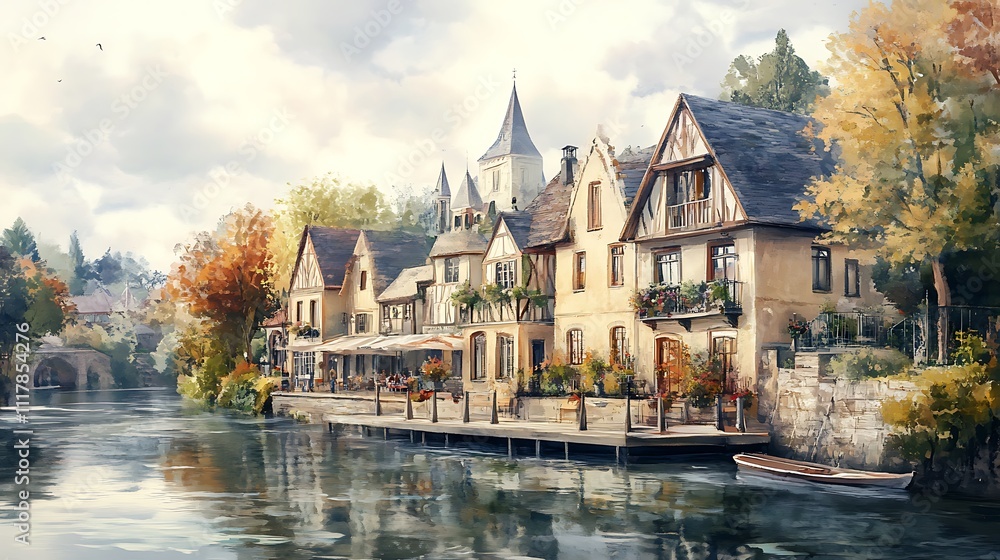 Obraz premium A serene riverside village with charming houses and autumn foliage.