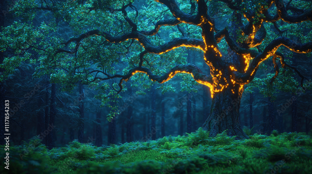 A mystical glowing tree illuminated by soft lights in a serene forest landscape at night. A mystical glowing tree illuminated by soft lights in a serene forest landscape at night.
