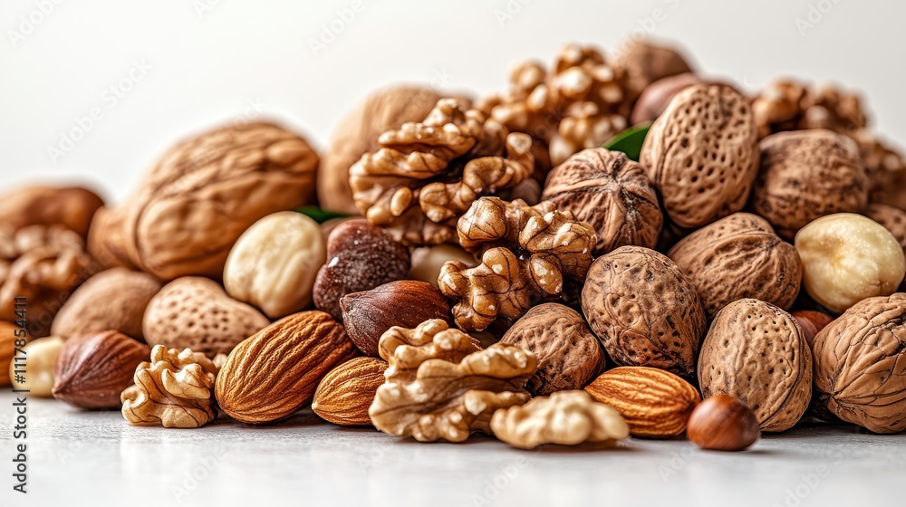 Close-up of Mixed Nuts Walnuts, Almonds, Hazelnuts, and More - Healthy Snack Food Photography Close-up of Mixed Nuts Walnuts, Almonds, Hazelnuts, and More - Healthy Snack Food Photography
