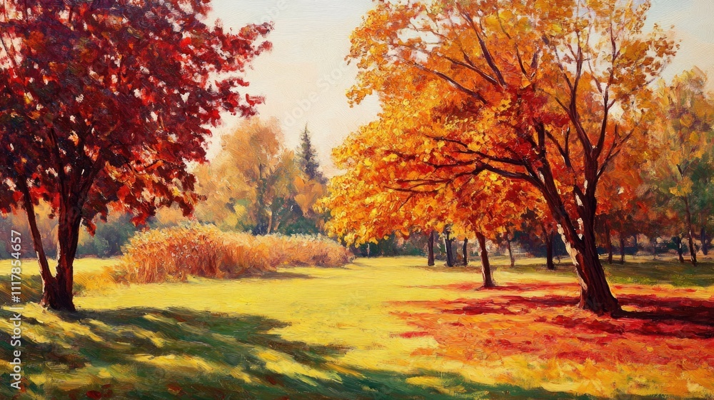 Naklejka premium A scenic image of a field surrounded by trees during autumn