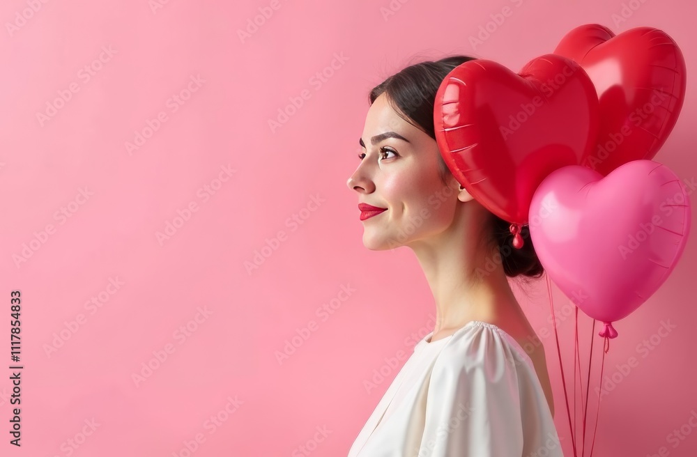 young girl with heart-shaped balloons on a pink background in a white dress, empty space for text on the right young girl with heart-shaped balloons on a pink background in a white dress, empty space for text on the right