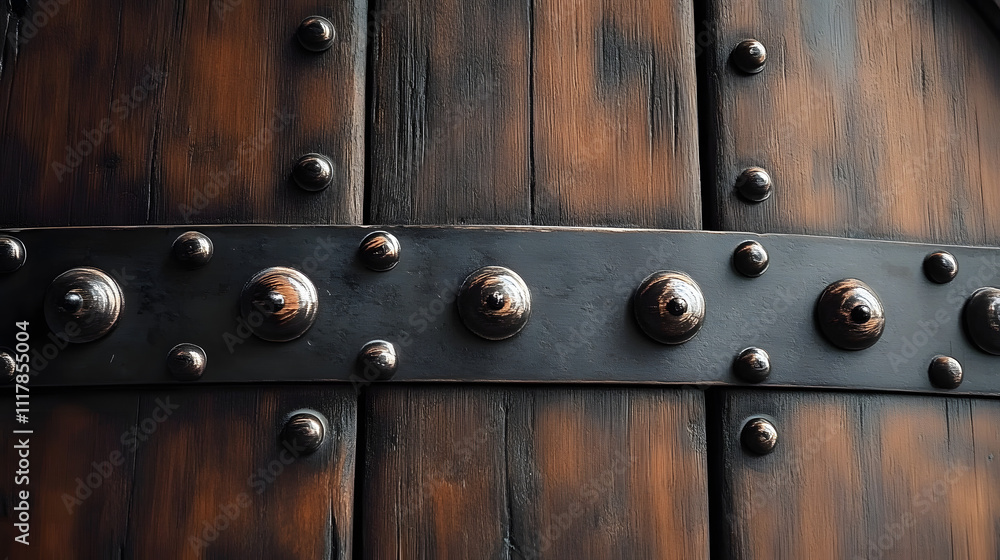 An intricate detailed view of a wooden door featuring large metal studs, highlighting the blend of rustic and sturdy design elements in historical architecture. An intricate detailed view of a wooden door featuring large metal studs, highlighting the blend of rustic and sturdy design elements in historical architecture.