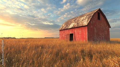 red barn in wheat field at sunset, rustic barn in golden wheat field