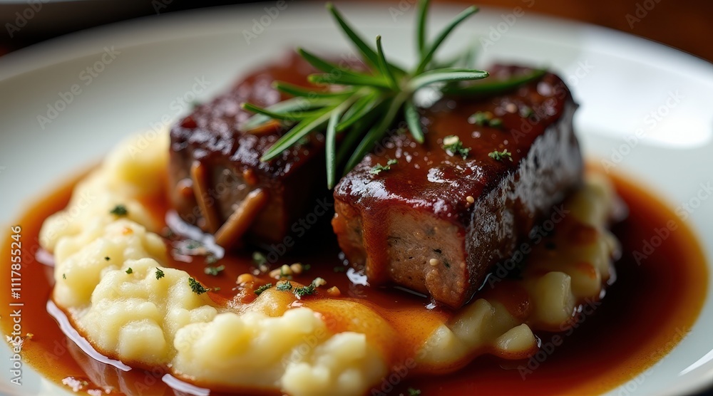 Savor a gourmet dish featuring succulent braised meat with rich sauce, served atop creamy mashed potatoes and garnished with fresh herbs Savor a gourmet dish featuring succulent braised meat with rich sauce, served atop creamy mashed potatoes and garnished with fresh herbs