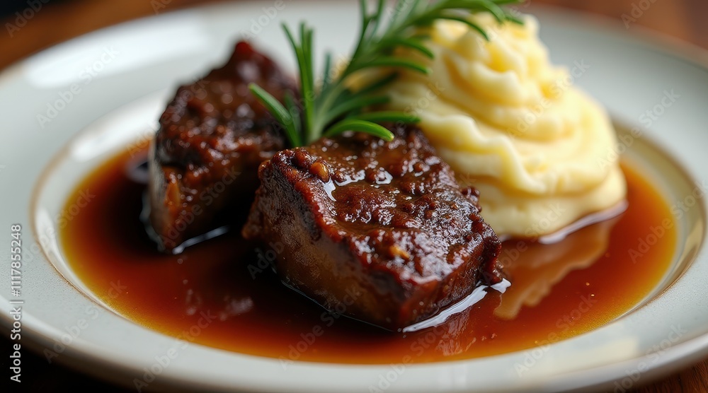 Tender braised short ribs glazed in savory sauce paired with creamy mashed potatoes, garnished with fresh rosemary Tender braised short ribs glazed in savory sauce paired with creamy mashed potatoes, garnished with fresh rosemary