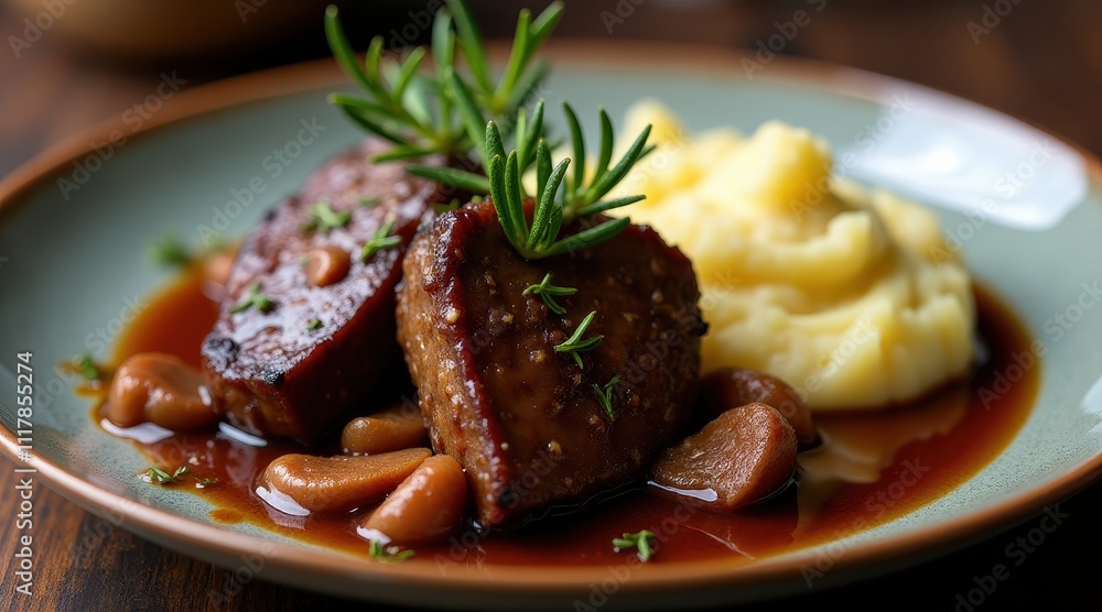 Tender braised beef with rosemary garnish served with creamy mashed potatoes and a rich sauce on a rustic plate Tender braised beef with rosemary garnish served with creamy mashed potatoes and a rich sauce on a rustic plate