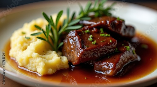 Succulent braised beef served with creamy mashed potatoes garnished with fresh rosemary and herbs on a rustic plate