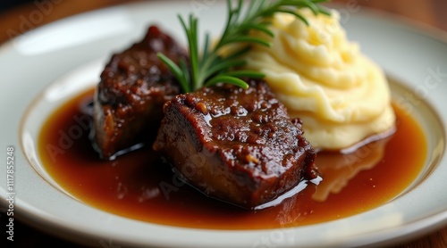 Tender braised short ribs glazed in savory sauce paired with creamy mashed potatoes, garnished with fresh rosemary