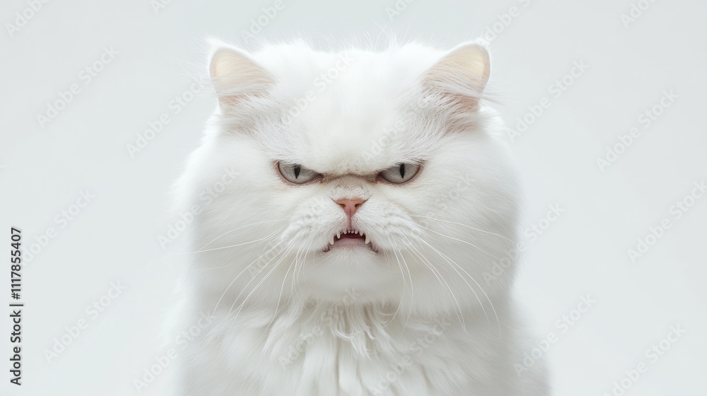 A grumpy-looking white cat with a stern expression A grumpy-looking white cat with a stern expression