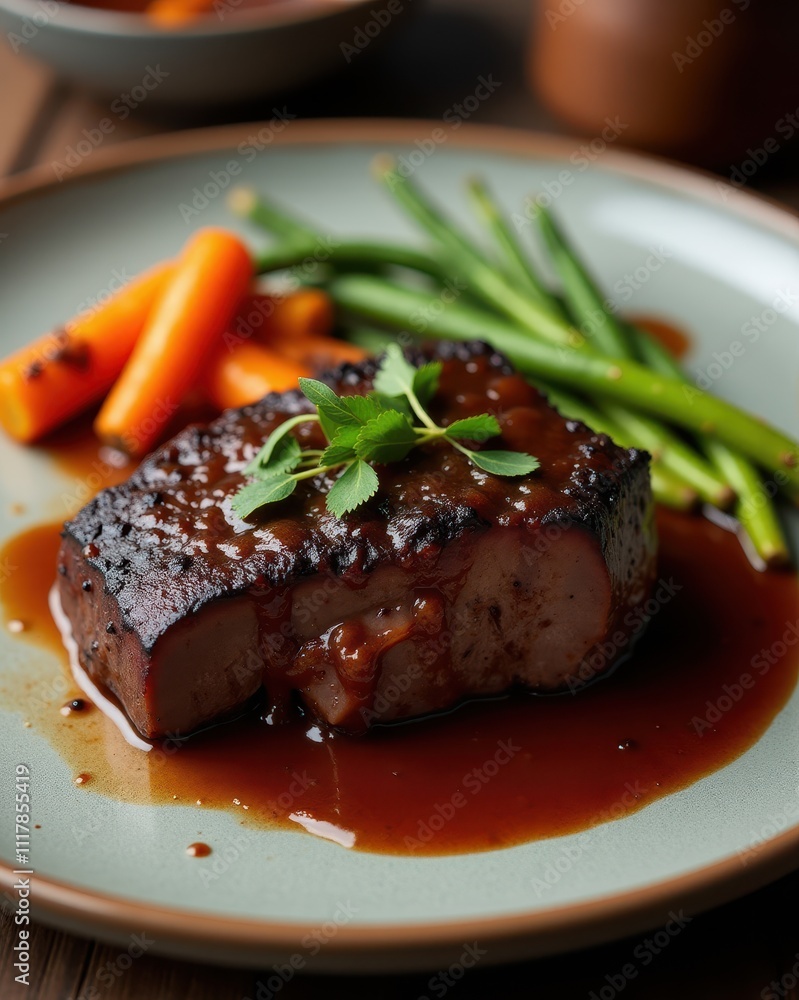 Grilled steak with rich sauce, served with green beans and carrots on a plate Grilled steak with rich sauce, served with green beans and carrots on a plate