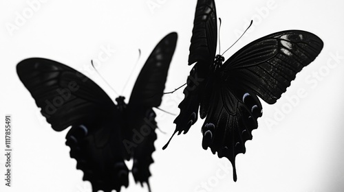 A pair of black butterflies perched on a white surface, with intricate details visible photo