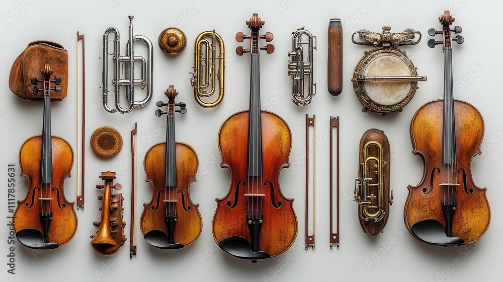 Naklejka premium Flat Lay of Vintage Violins, Trumpets, and Other Orchestral Instruments on White Background