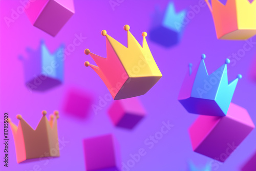 colorful 3D illustration of colorful crowns floating amidst geometric shapes, representing royalty, leadership, and achievement.