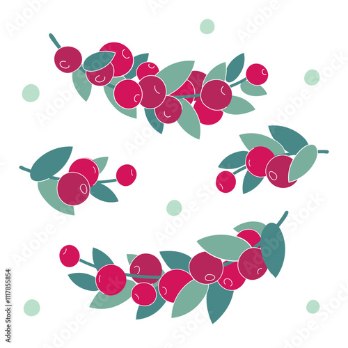 Set of lingonberry cranberry branches design elements
