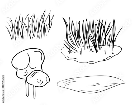 Grass clusters, soil patches, and rounded field and trees outline black white vector illustration isolated. Landscape elements hand drawn line art for design packaging organic product, bakery label.