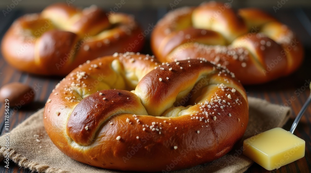 Freshly baked soft pretzels with salt crystals, served with butter on a rustic wooden table, creating an inviting and appetizing scene Freshly baked soft pretzels with salt crystals, served with butter on a rustic wooden table, creating an inviting and appetizing scene