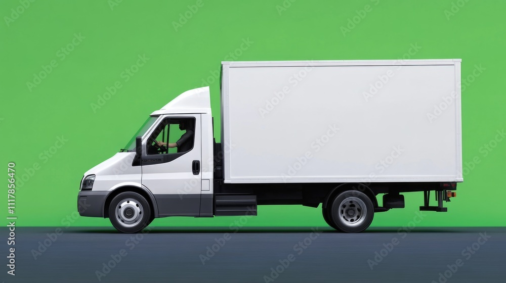 A white delivery truck standing on a green background A white delivery truck standing on a green background