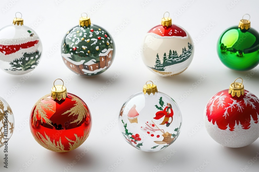 Group of festive Christmas ornaments placed on a table, great for holiday decoration or advertisement Group of festive Christmas ornaments placed on a table, great for holiday decoration or advertisement