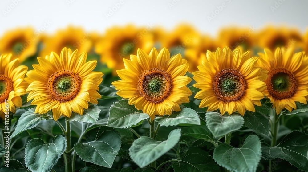 Obraz premium Vibrant Yellow Sunflowers in Full Bloom Close-up Photography of a Row of Sunflowers with Lush Green Leaves