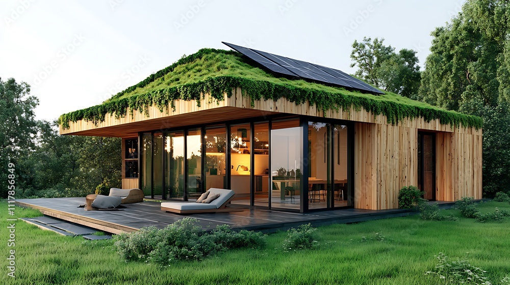 Modern eco-friendly house with a green roof and solar panels in a natural setting. Modern eco-friendly house with a green roof and solar panels in a natural setting.