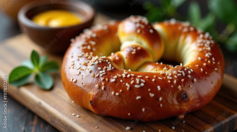Freshly baked pretzel with coarse salt on a wooden board, accompanied by a mustard dip and green garnish in the background, showcasing a savory snack arrangement Freshly baked pretzel with coarse salt on a wooden board, accompanied by a mustard dip and green garnish in the background, showcasing a savory snack arrangement