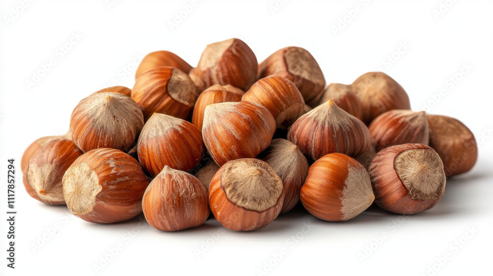 A mound of fresh, unshelled hazelnuts with rich brown shells and vibrant white tips on a white surface. A mound of fresh, unshelled hazelnuts with rich brown shells and vibrant white tips on a white surface.