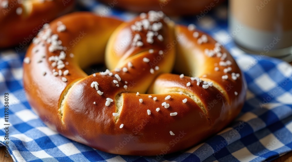 Golden pretzel with coarse salt on a blue checkered cloth offers a mouth-watering visual of traditional German baking Golden pretzel with coarse salt on a blue checkered cloth offers a mouth-watering visual of traditional German baking