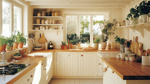 Bright Scandinavian kitchen with open shelves, white cabinets, wooden countertops, and potted herbs, blending simplicity and functionality.