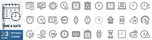 set of 33 line web icons Time and Date. Calendar, Date Settings, Working Schedule and more.