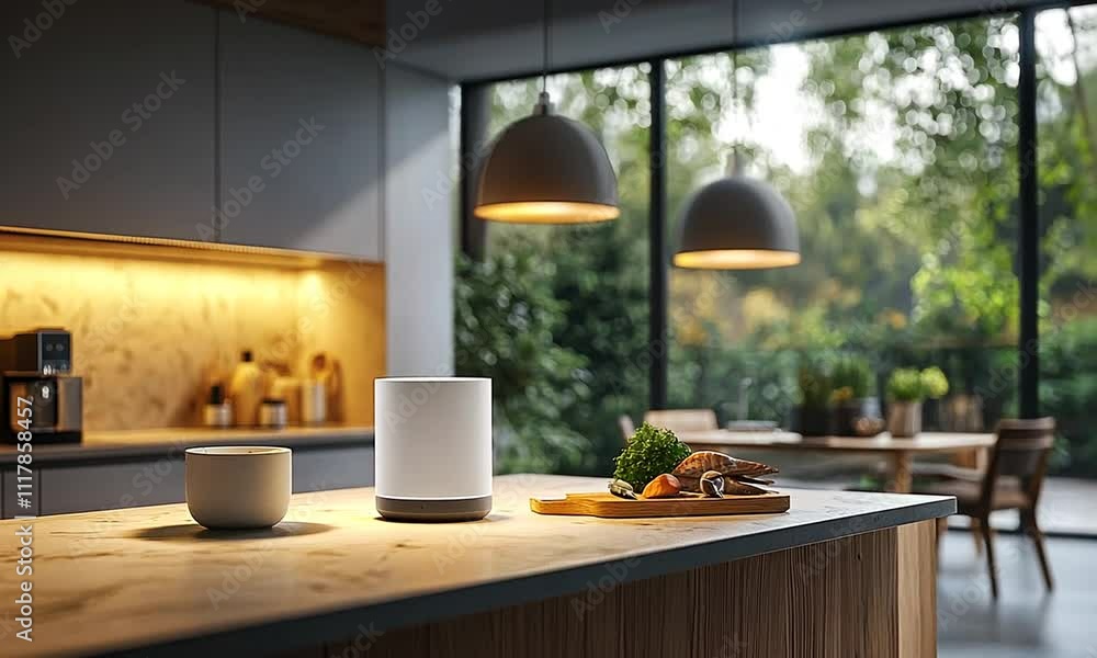 Modern kitchen scene featuring smart speaker, food, and a serene outdoor view. Modern kitchen scene featuring smart speaker, food, and a serene outdoor view.