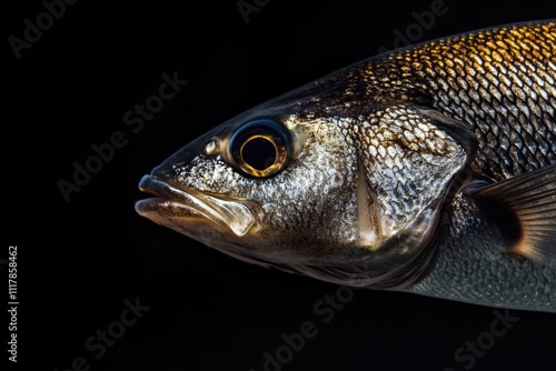 A detailed view of a fish on a dark background, suitable for use in designs related to aquatic themes or as a standalone element photo