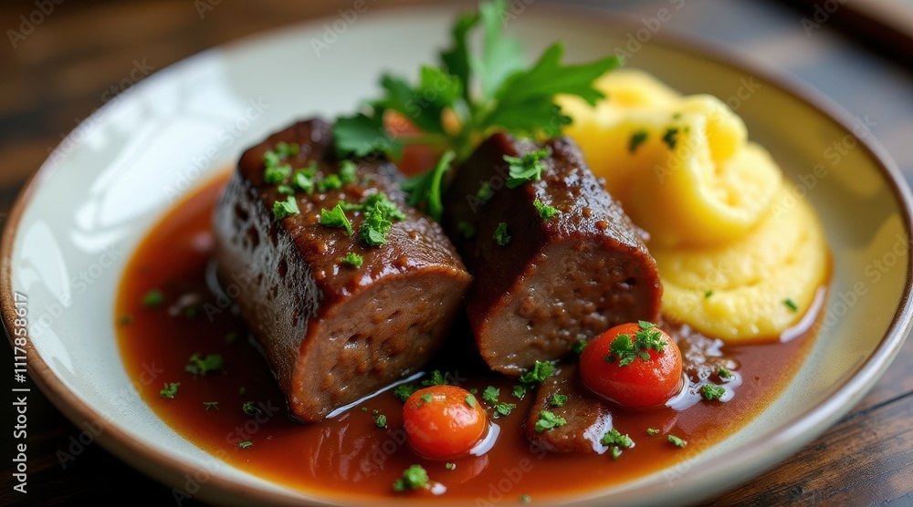 Juicy meatloaf slices with rich brown gravy, garnished with fresh parsley and cherry tomatoes, served alongside creamy mashed potatoes on a ceramic plate Juicy meatloaf slices with rich brown gravy, garnished with fresh parsley and cherry tomatoes, served alongside creamy mashed potatoes on a ceramic plate