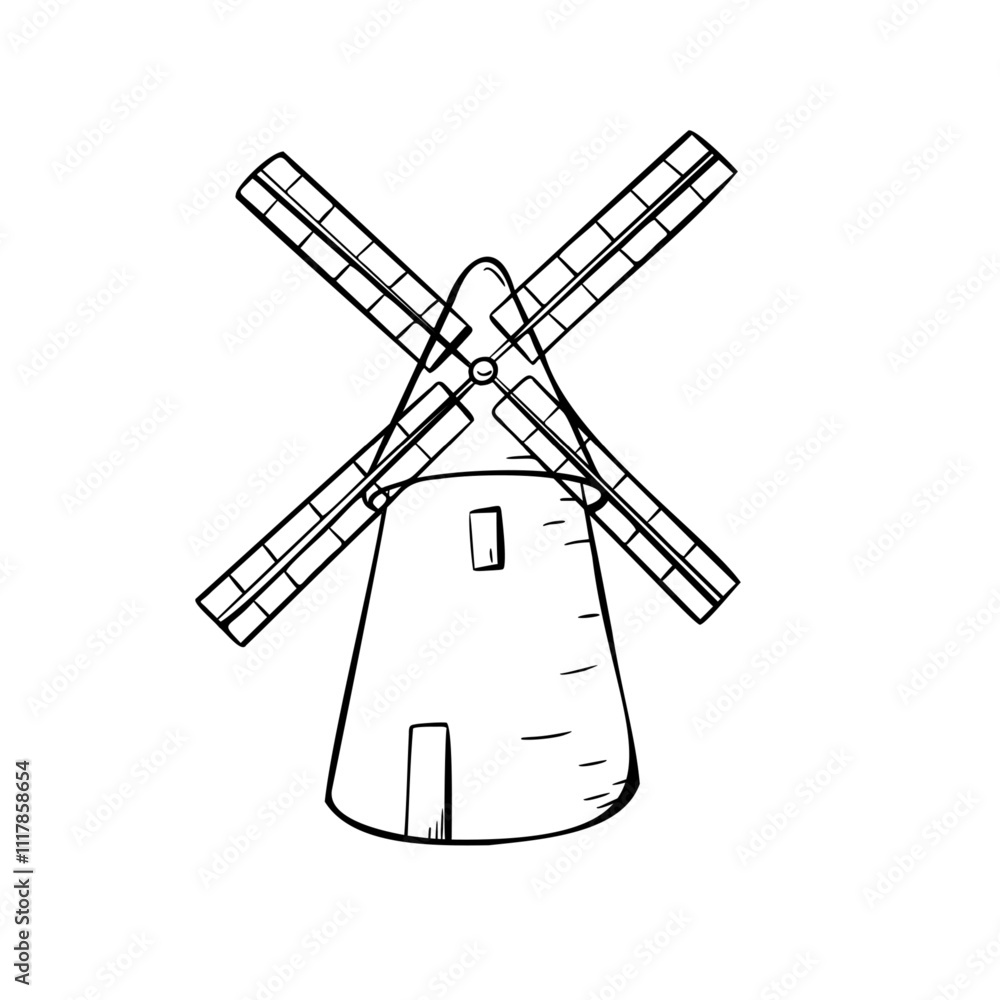 Obraz premium Windmill, air mill black white vector illustration isolated. Rural making bread mill hand drawn outline. Tower mill, Dutch mill sketch for design package bread, flour, trade, grocery store, bakery.